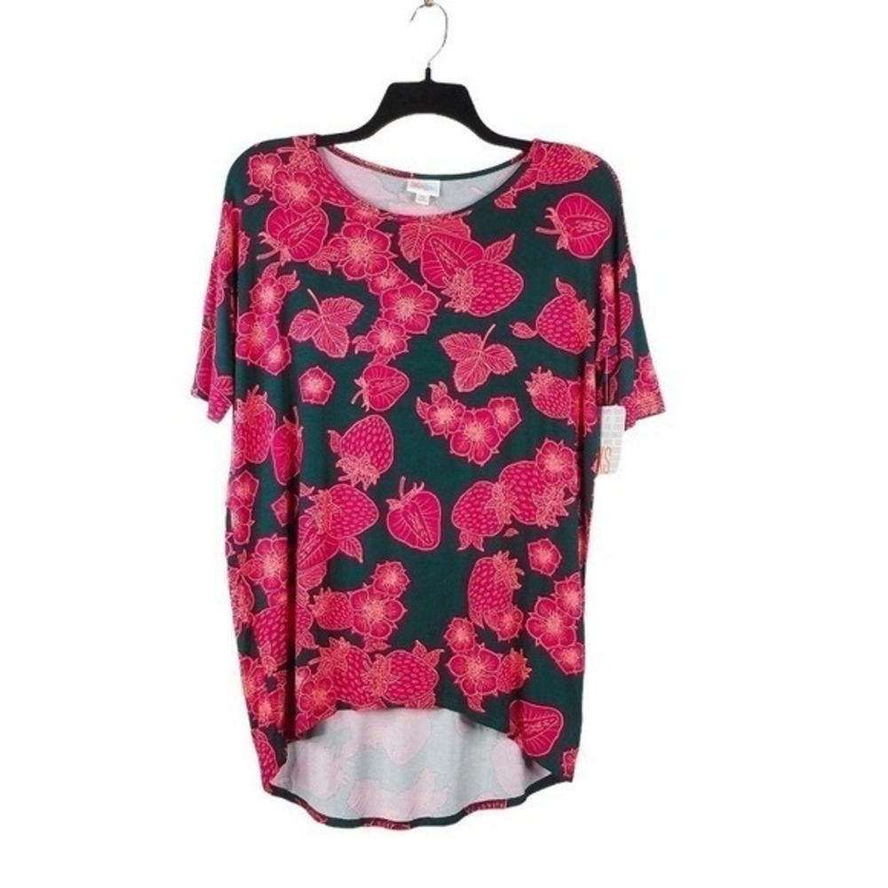 LuLaRoe Top XS Black Pink Irma‎ Tunic Strawberry Floral Oversized Casual